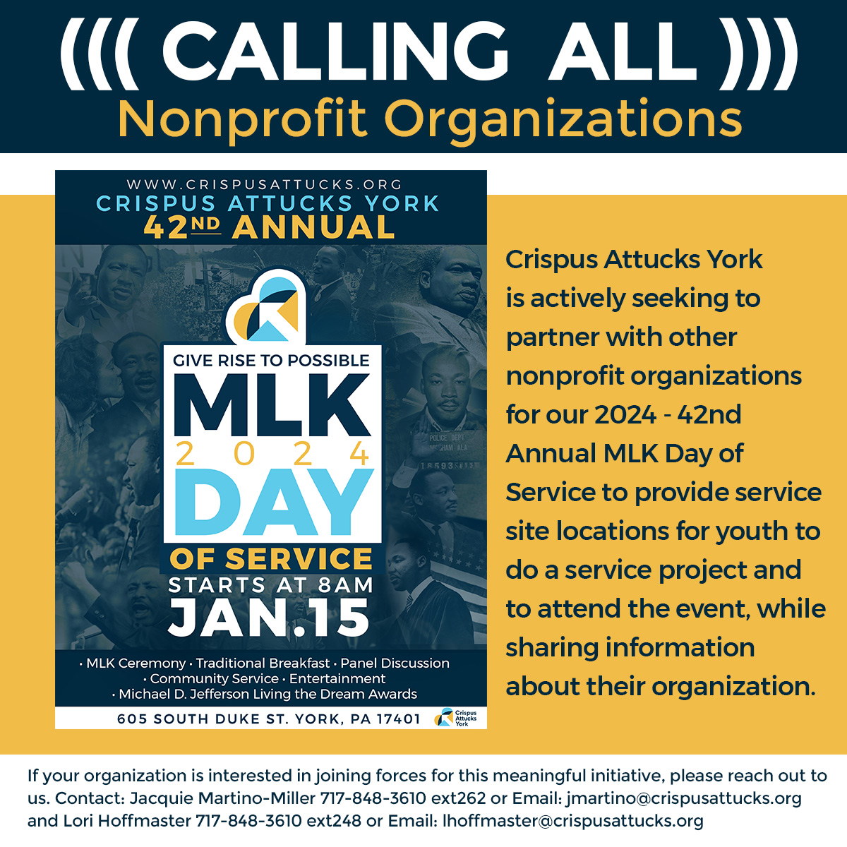 York PA Nonprofits, Crispus Attucks York MLK Day of Service, Calling All Non- profit Organizations, CAY MLK Day of Service, 42nd MLK Day of Service