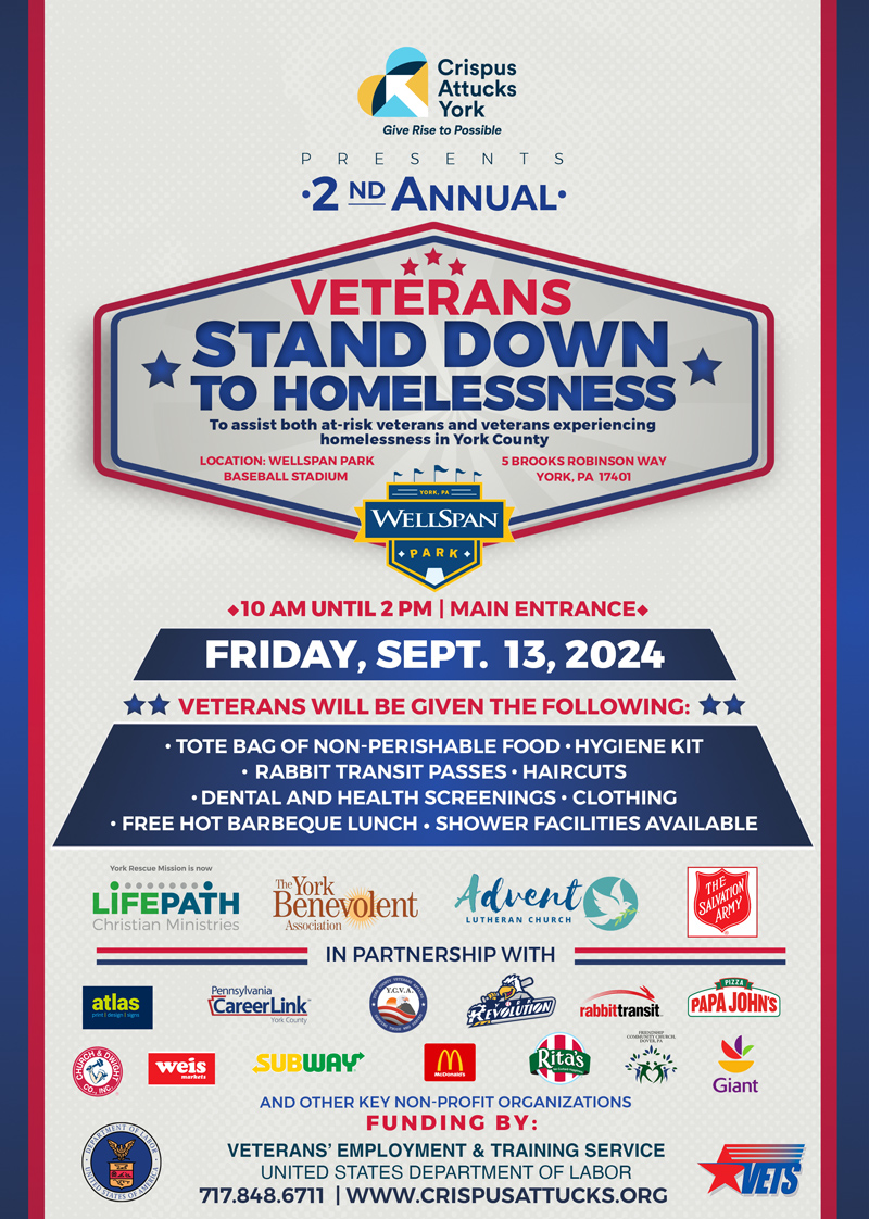 Crispus Attucks York 2nd Annual Veterans Stand Down to Homelessness York PA, WellSpan Park, York Revolution, Pennsylvania Career Link, Papa Johns, The York Benevolent Association, York Salvation Army, Veterans' Employment and Training Service, United States Department of Labor