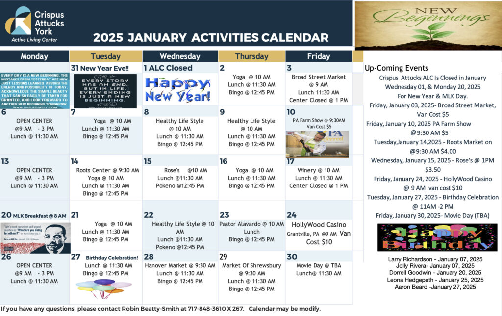 Crispus Attucks York Active Living Center 2025 Jan Event Calendar