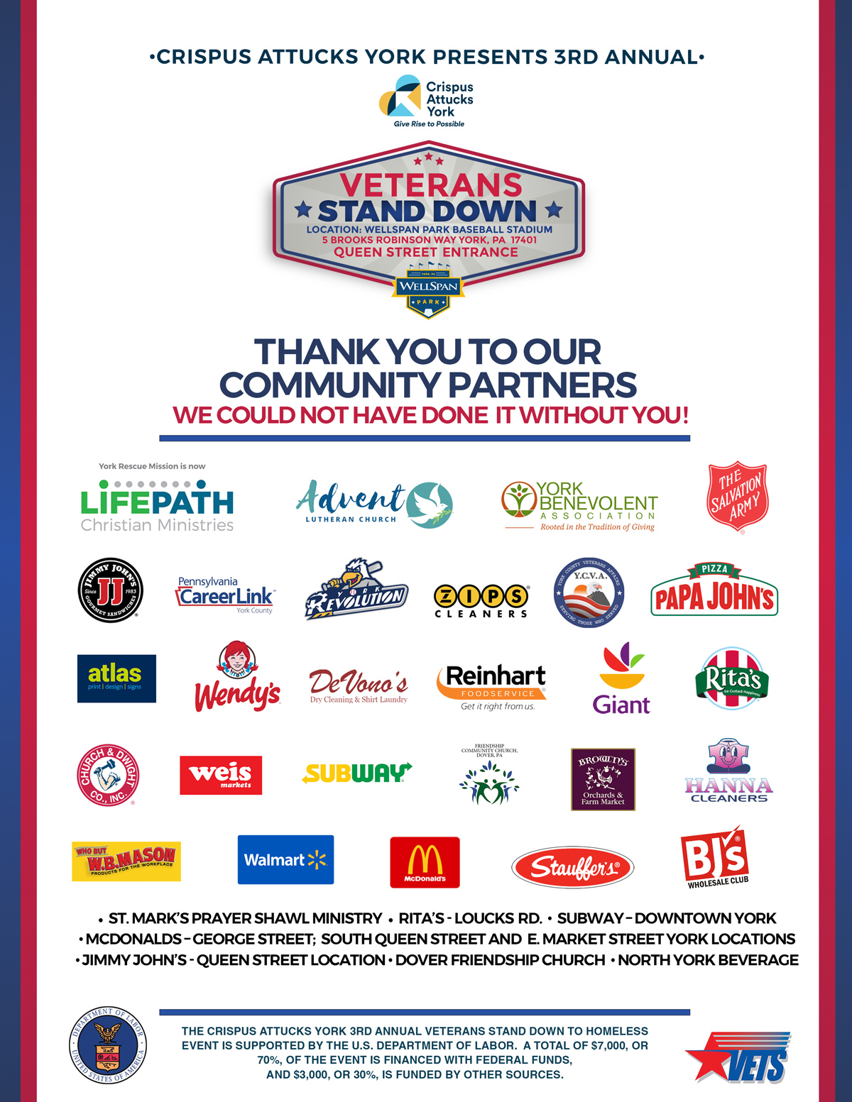 Crispus Attucks York 3rd Annual Stand Down Event, Homeless Event is supported by the U.S. Department of Labor,