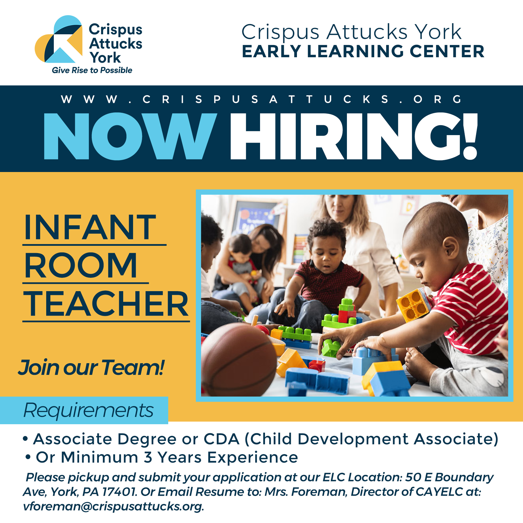 Crispus Attucks York, Now Hiring ELC Infant Teacher