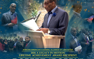 Robert “Bobby” Simpson, CEO of Crispus Attucks York, speaking at a podium while being honored as the 2026 “Legacy in Motion” Lifetime Achievement Award recipient at the African American Cultural Alliance of Lancaster Black Excellence Gala.