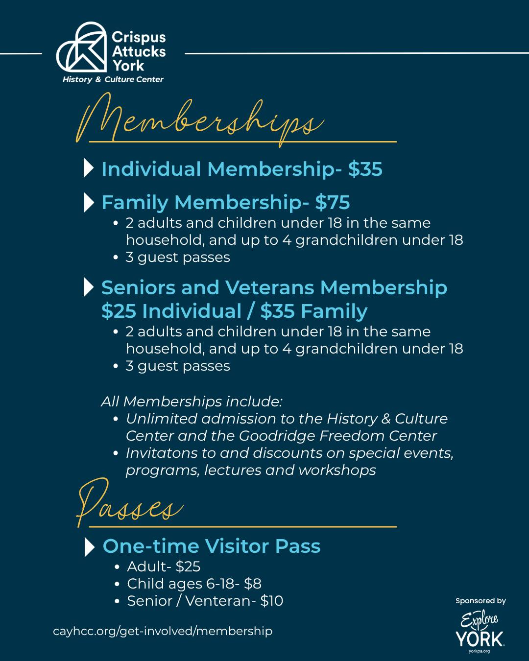 Hours of Operation, Crispus Attucks York History & Culture Center, Memberships, CAY HCC, York History Center, York Black History Museum, Explore York PA,
