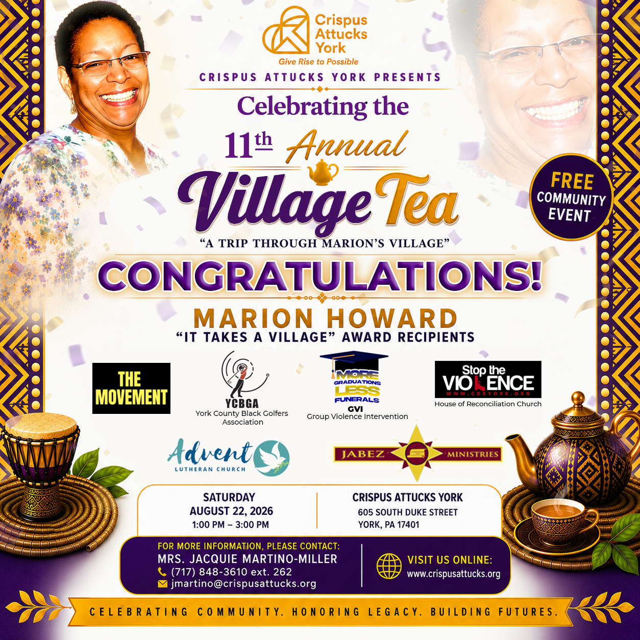 11th Annual Village Tea: “A Trip Through Marion’s Village,” Crispus Attucks York, Marion Howard “It Takes a Village” Award recipients